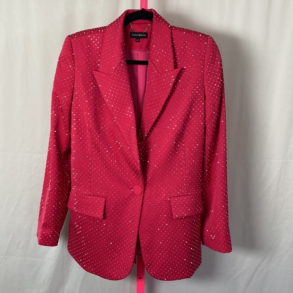 🚨WORN ON TV🚨 NADINE MERABI pink w/sparkle gems blazer pant suit size s/m - Picture 4 of 7